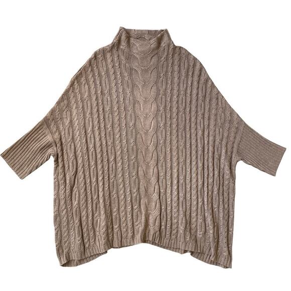 Joan Vass Cable Knit Poncho Sweater | Taupe, Brown Cashmere Blend Tunic, L/XL - Picture 1 of 7
